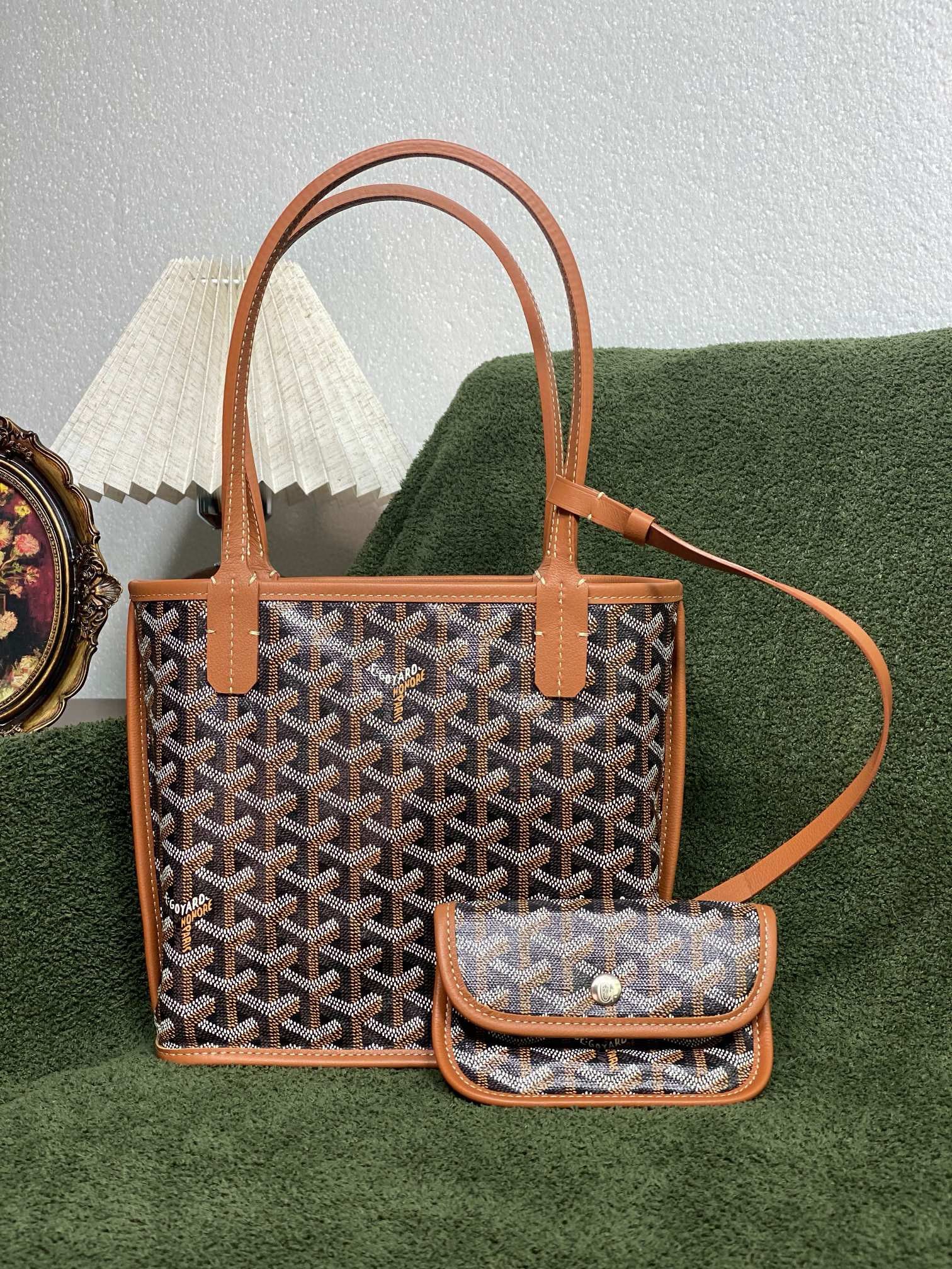 Goyard Anjou Mini Goyardine Original Leather Tote Bag 8006 Brown