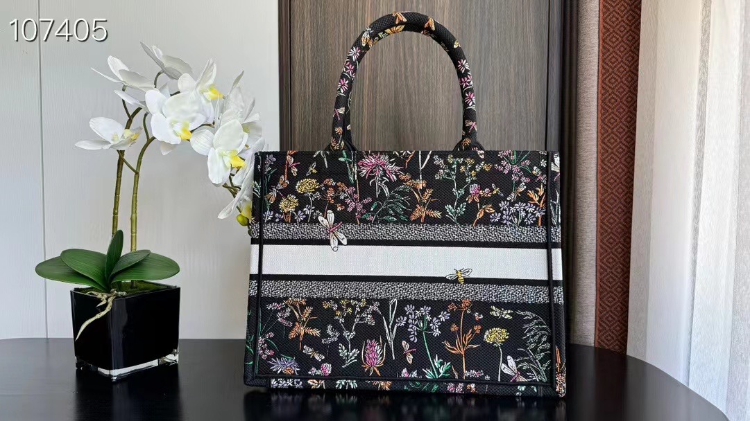 Medium Dior Book Tote Black Multicolor Dior Herbarium Embroidery M1296ZEG