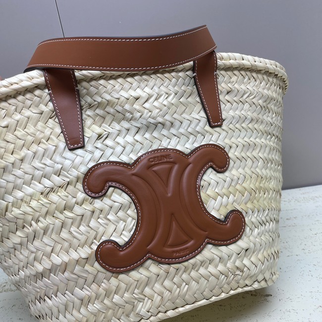 CELINE MEDIUM SUPPLE CELINE CLASSIC PANIER IN RAFFIA AND CALFSKIN 192622 TAN