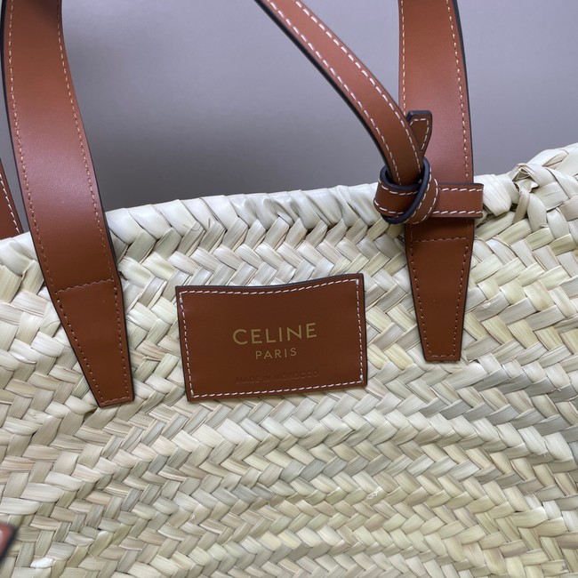 CELINE TEEN SUPPLE CELINE CLASSIC PANIER IN RAFFIA AND CALFSKIN 115802 TAN