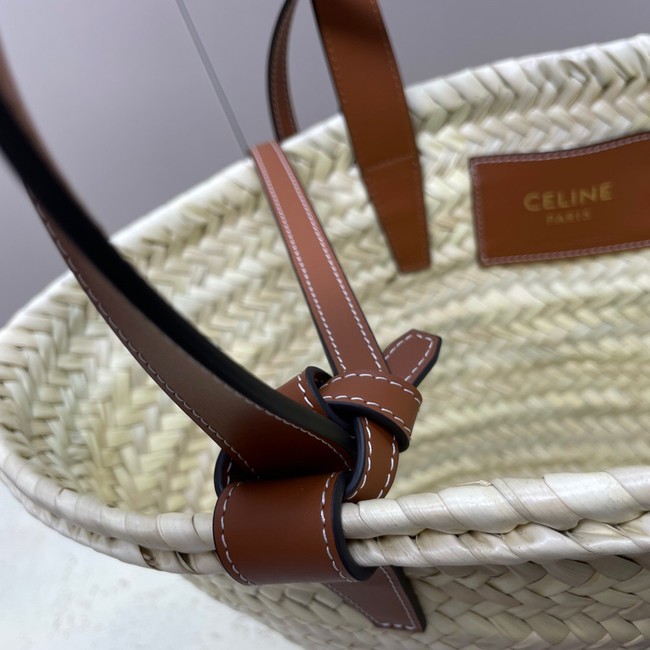 CELINE TEEN SUPPLE CELINE CLASSIC PANIER IN RAFFIA AND CALFSKIN 115802 TAN