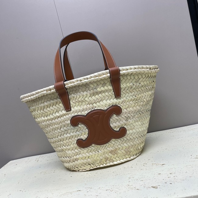 CELINE TEEN SUPPLE CELINE CLASSIC PANIER IN RAFFIA AND CALFSKIN 115802 TAN