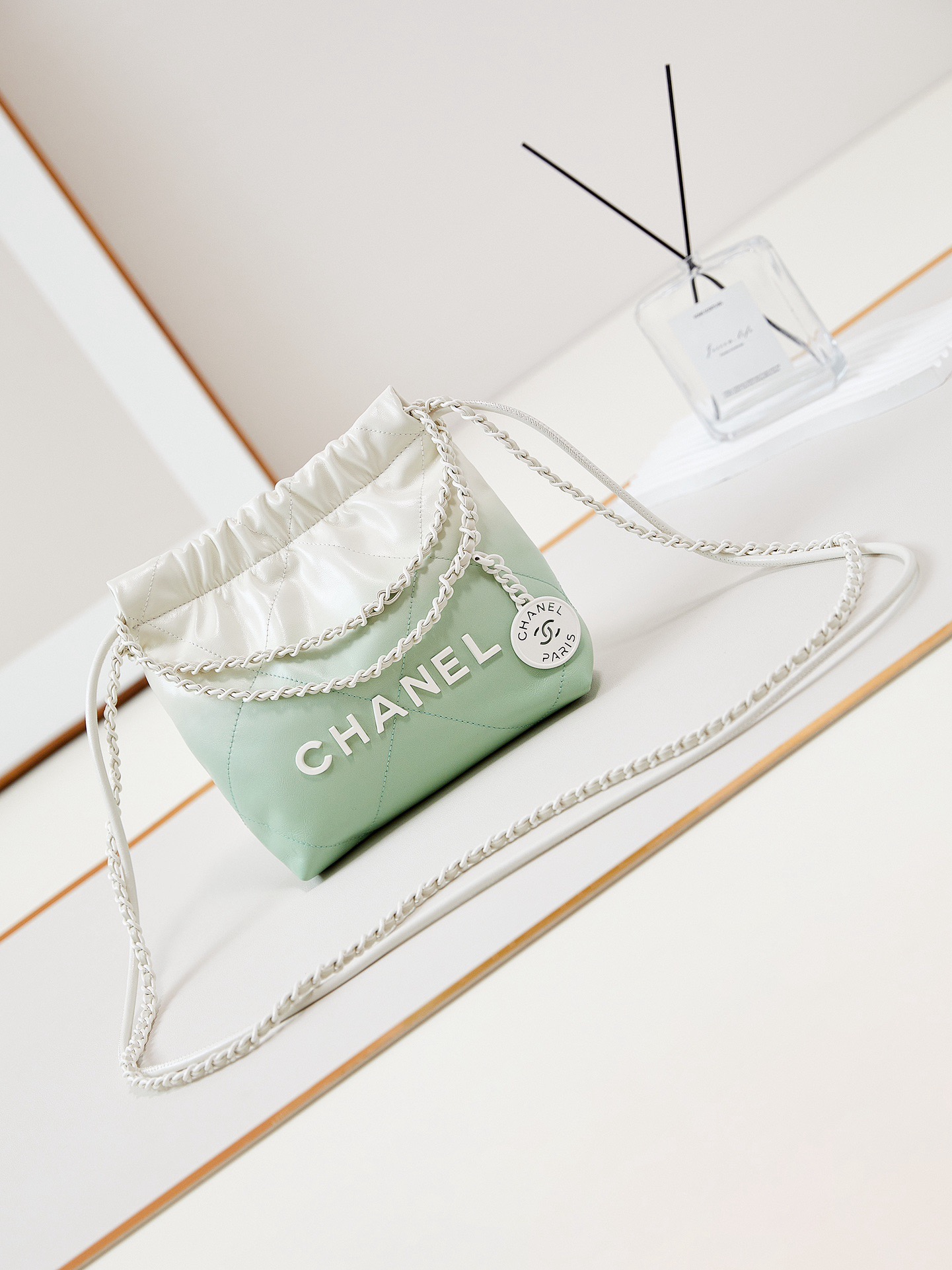 CHANEL 22 MINI HANDBAG AS3980 White & Light green