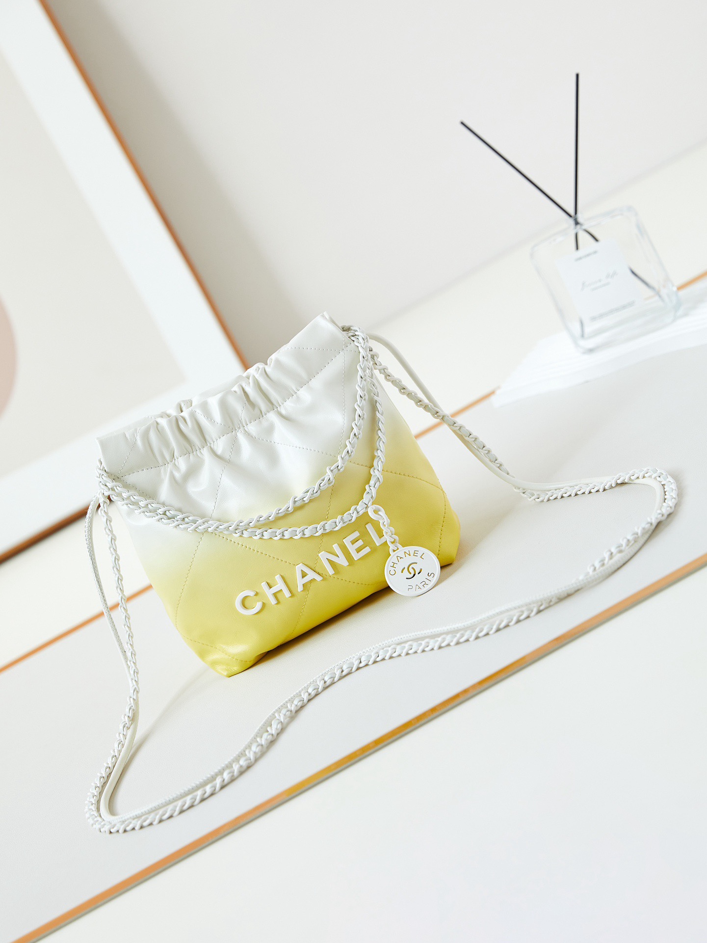 CHANEL 22 MINI HANDBAG AS3980 White & Light yellow