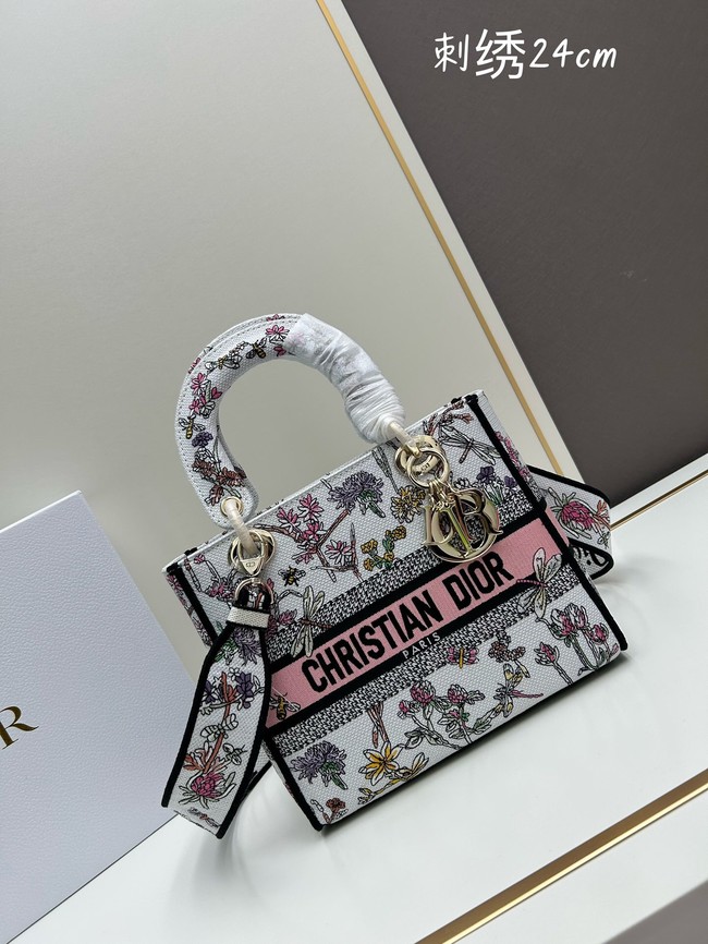 MEDIUM LADY D-LITE BAG White Multicolor Embroidery M0565O