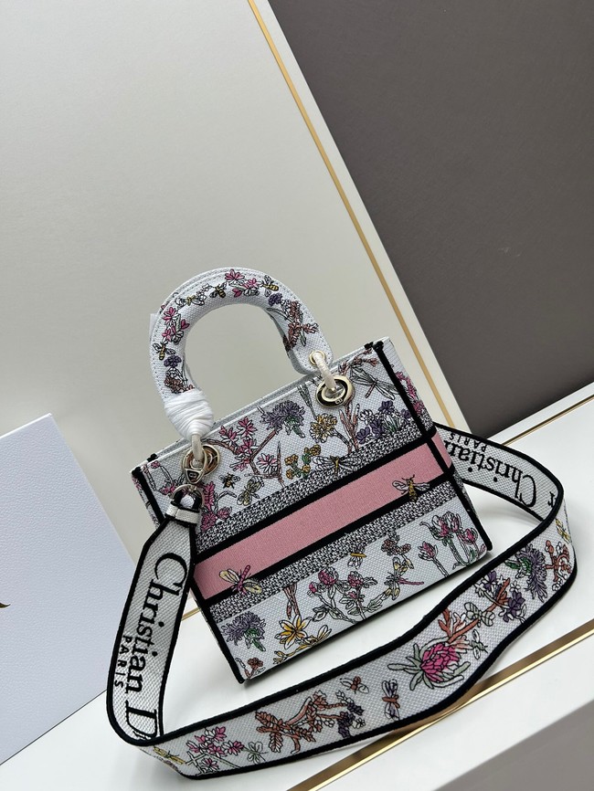 MEDIUM LADY D-LITE BAG White Multicolor Embroidery M0565O