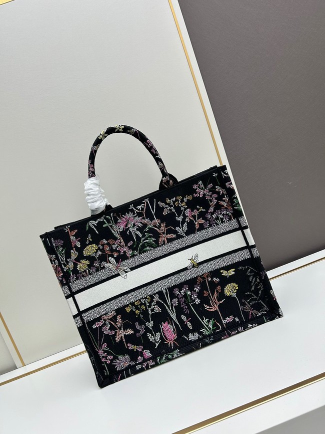 Large Dior Book Tote Black Multicolor Dior Herbarium Embroidery M1286ZE