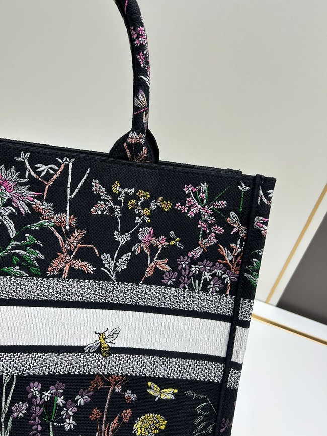 Large Dior Book Tote Black Multicolor Dior Herbarium Embroidery M1286ZE