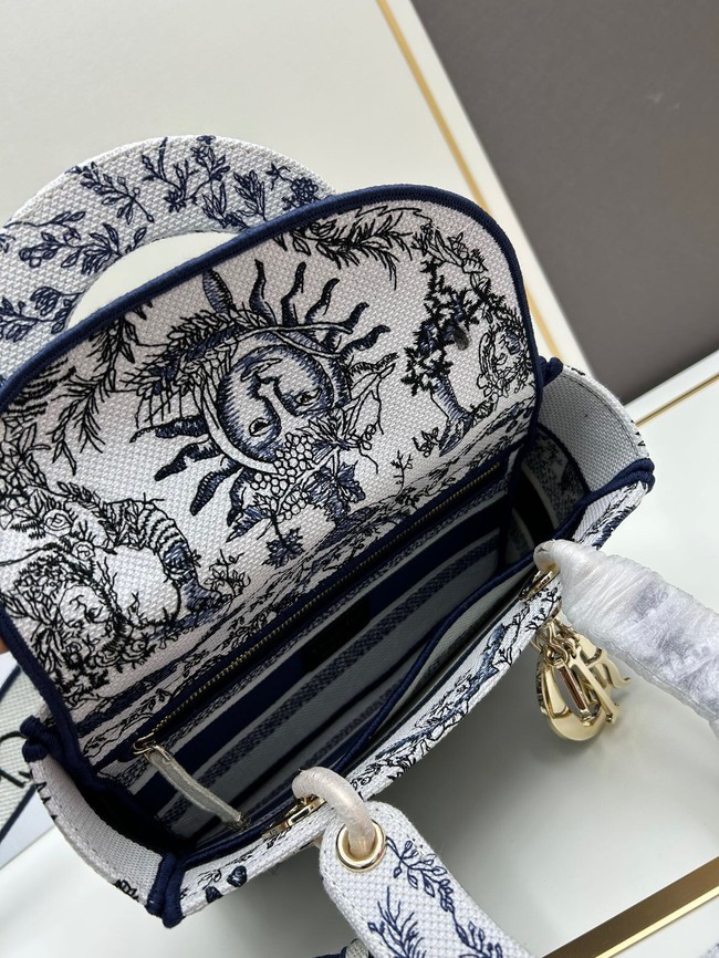 Medium Lady D-Lite Bag White and Navy Blue Toile de Jouy Soleil Embroidery M0565O