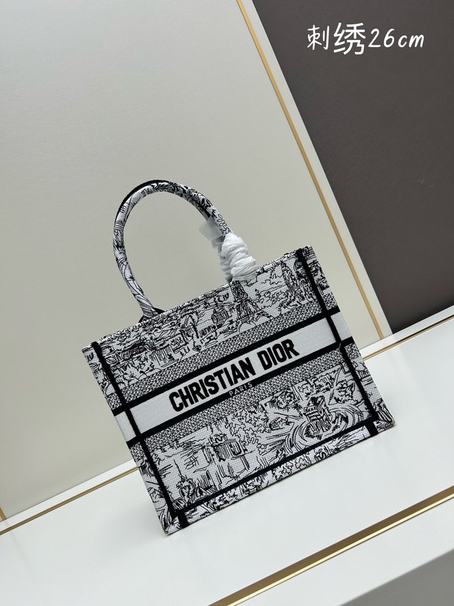 SMALL DIOR BOOK TOTE White and Black Paris Allover Embroidery M1296ZRf gray