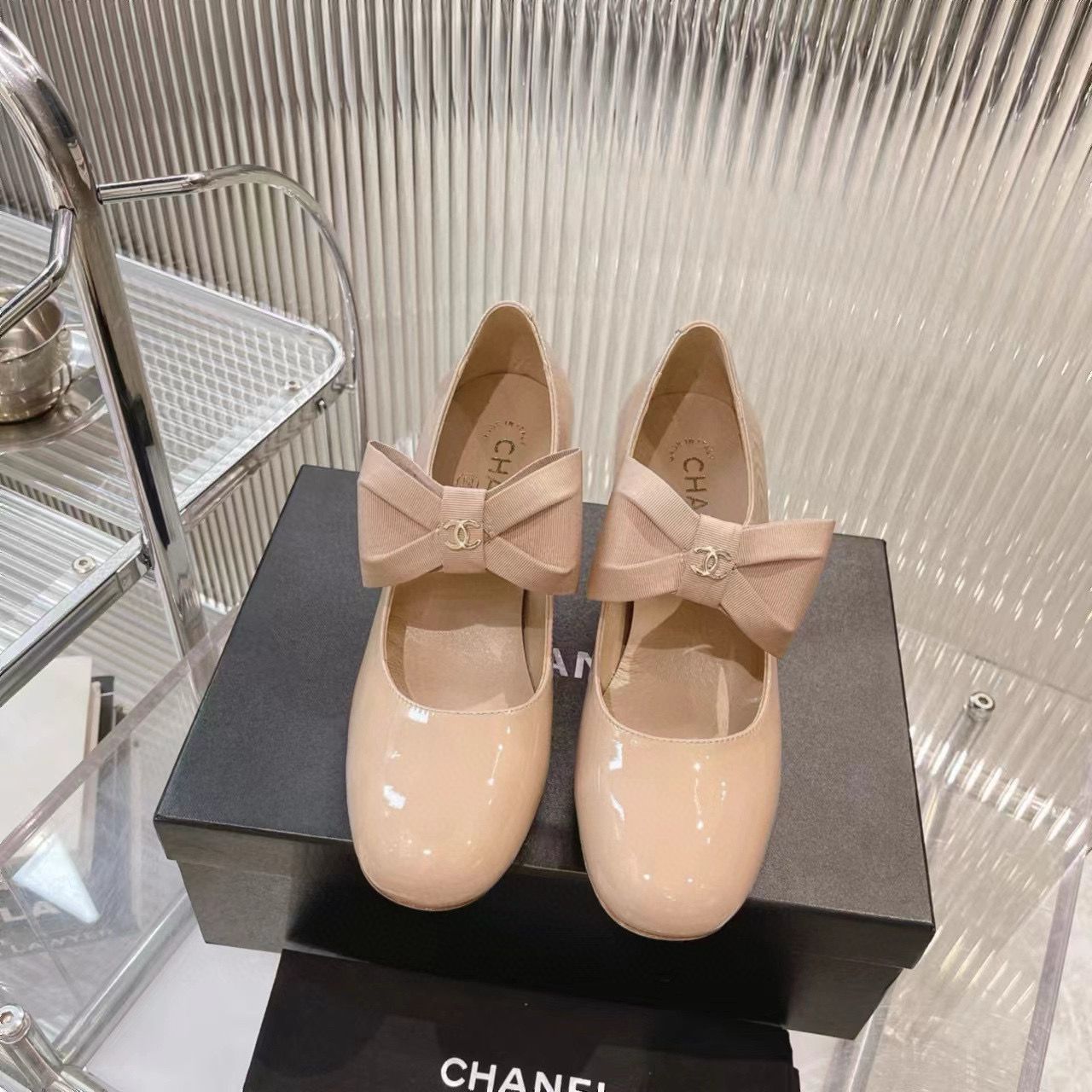 Chanel 24C Bow Mary Jane Shoes Original Patent Calf Leather 55MM Heels C85923 Nude