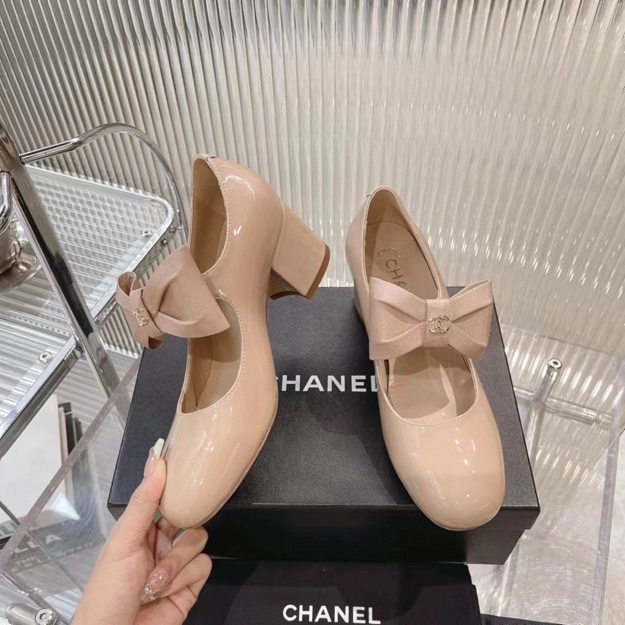 Chanel 24C Bow Mary Jane Shoes Original Patent Calf Leather 55MM Heels C85923 Nude