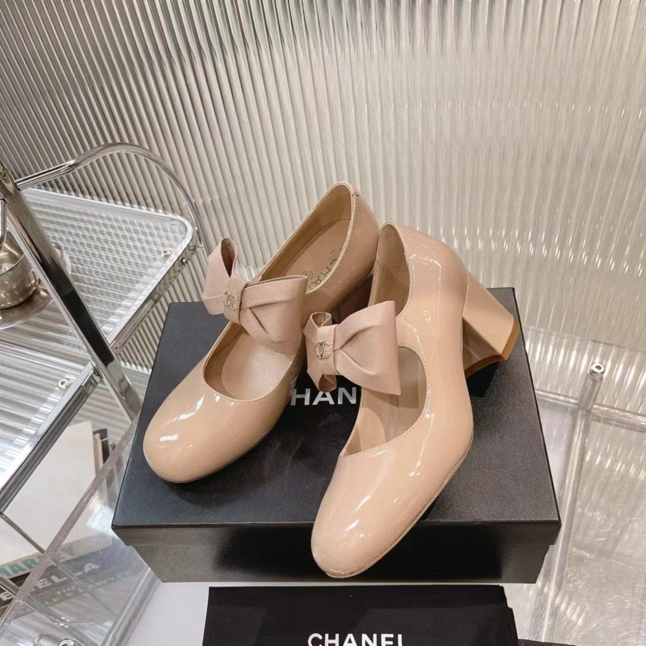 Chanel 24C Bow Mary Jane Shoes Original Patent Calf Leather 55MM Heels C85923 Nude