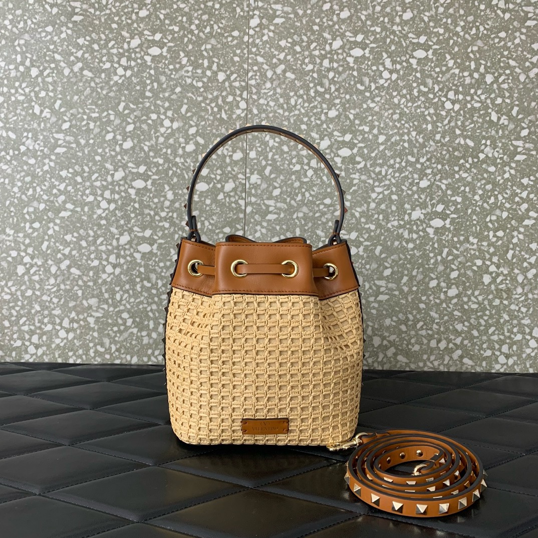 VALENTINO VLOGO SIGNATURE RAFFIA Mini Bucket Bag 03191 brown