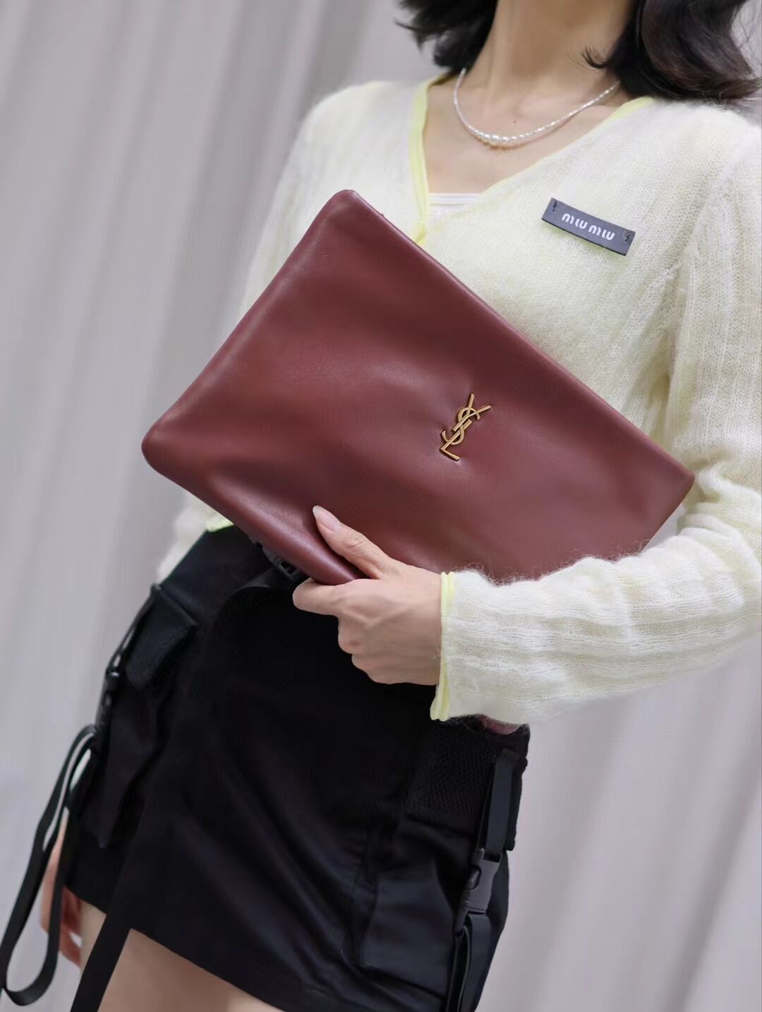 SAINT LAURENT CALYPSO LARGE POUCH IN LAMBSKIN 778943 ROUGE MERLOT