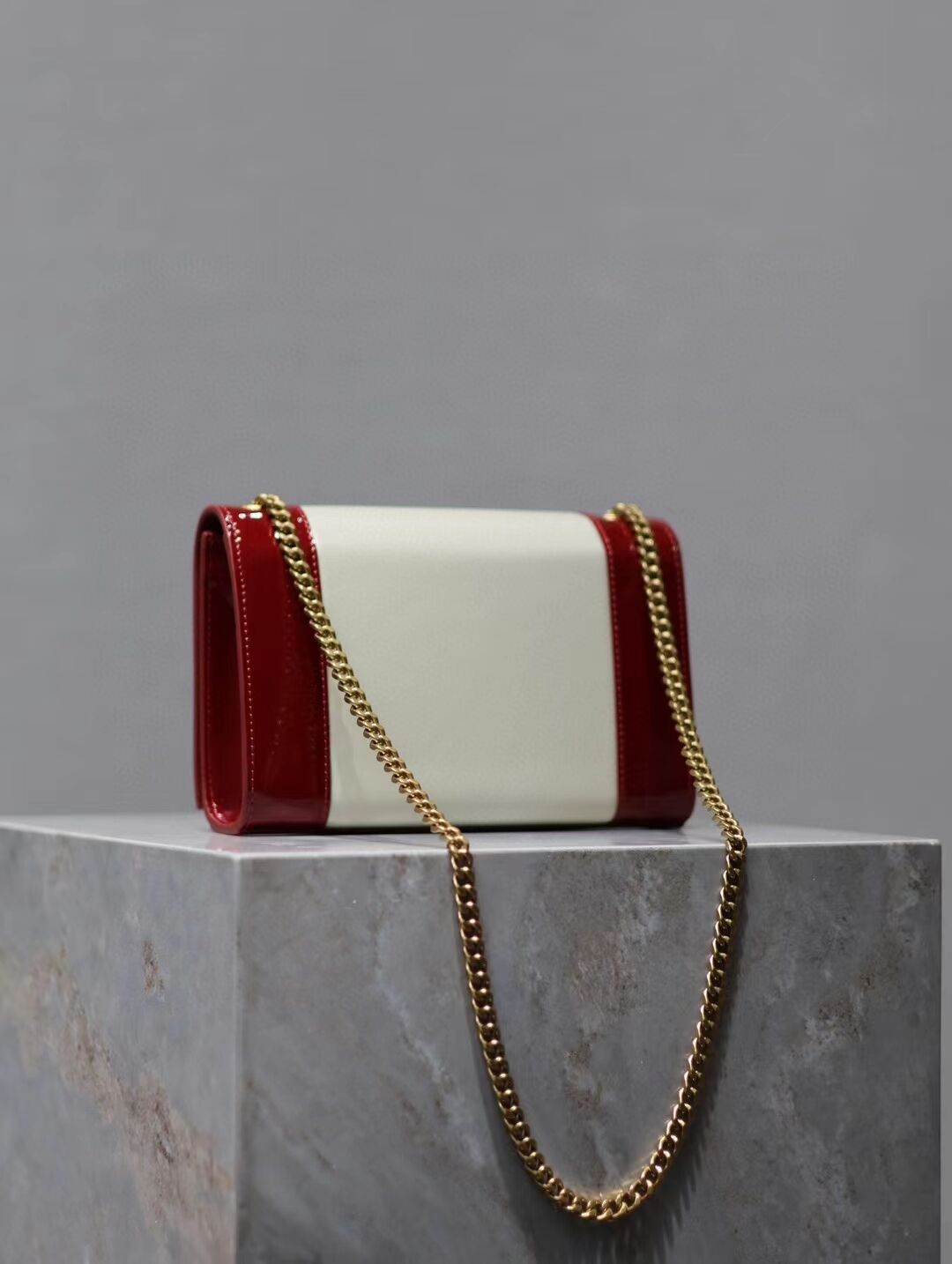 SAINT LAURENT KATE SMALL IN CANVAS AND LEATHER 742580 WHITE AND RED