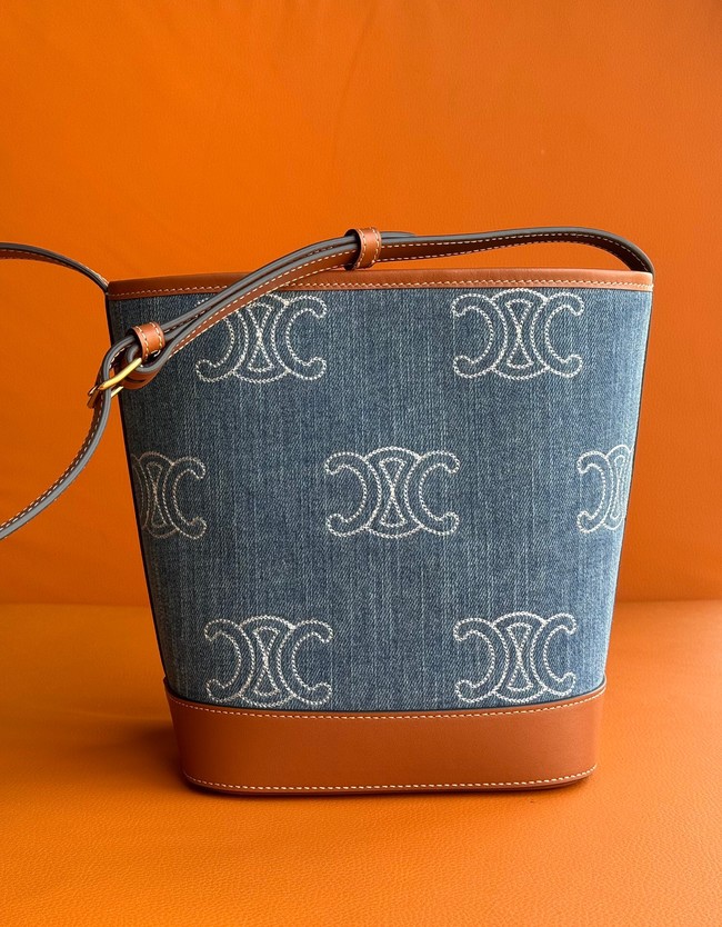 SMALL BUCKET CUIR TRIOMPHE IN DENIM WITH TRIOMPHE ALL-OVER EMBROIDERY AND CALFSKIN 198243 NAVY&TAN