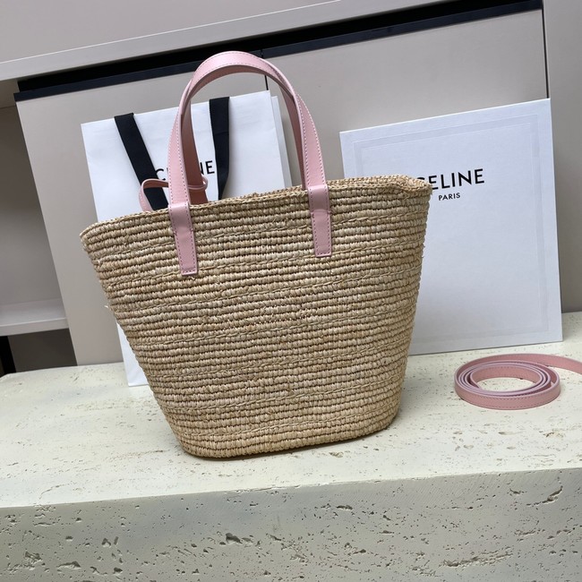 CELINE TEEN SUPPLE CELINE CLASSIC PANIER IN RAFFIA AND CALFSKIN 115802 PASTEL PINK