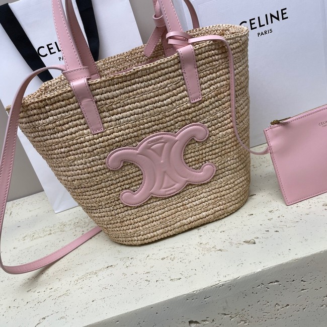 CELINE TEEN SUPPLE CELINE CLASSIC PANIER IN RAFFIA AND CALFSKIN 115802 PASTEL PINK