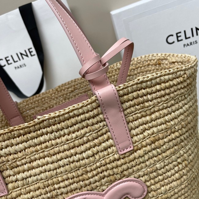 CELINE TEEN SUPPLE CELINE CLASSIC PANIER IN RAFFIA AND CALFSKIN 115802 PASTEL PINK