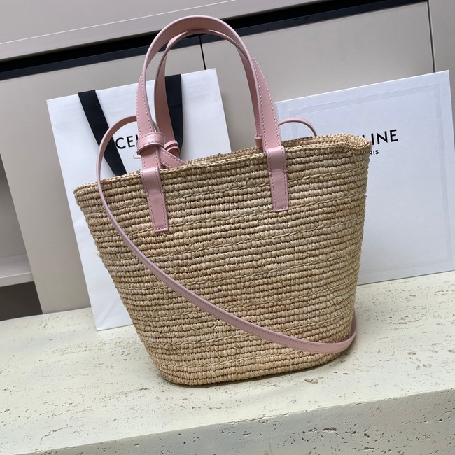 CELINE TEEN SUPPLE CELINE CLASSIC PANIER IN RAFFIA AND CALFSKIN 115802 PASTEL PINK