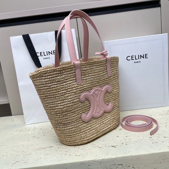 CELINE TEEN SUPPLE CELINE CLASSIC PANIER IN RAFFIA AND CALFSKIN 115802 PASTEL PINK