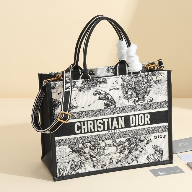 Medium Dior Book Tote Latte Multicolor Dior Zodiac Embroidery and Black Calfskin M1324CET