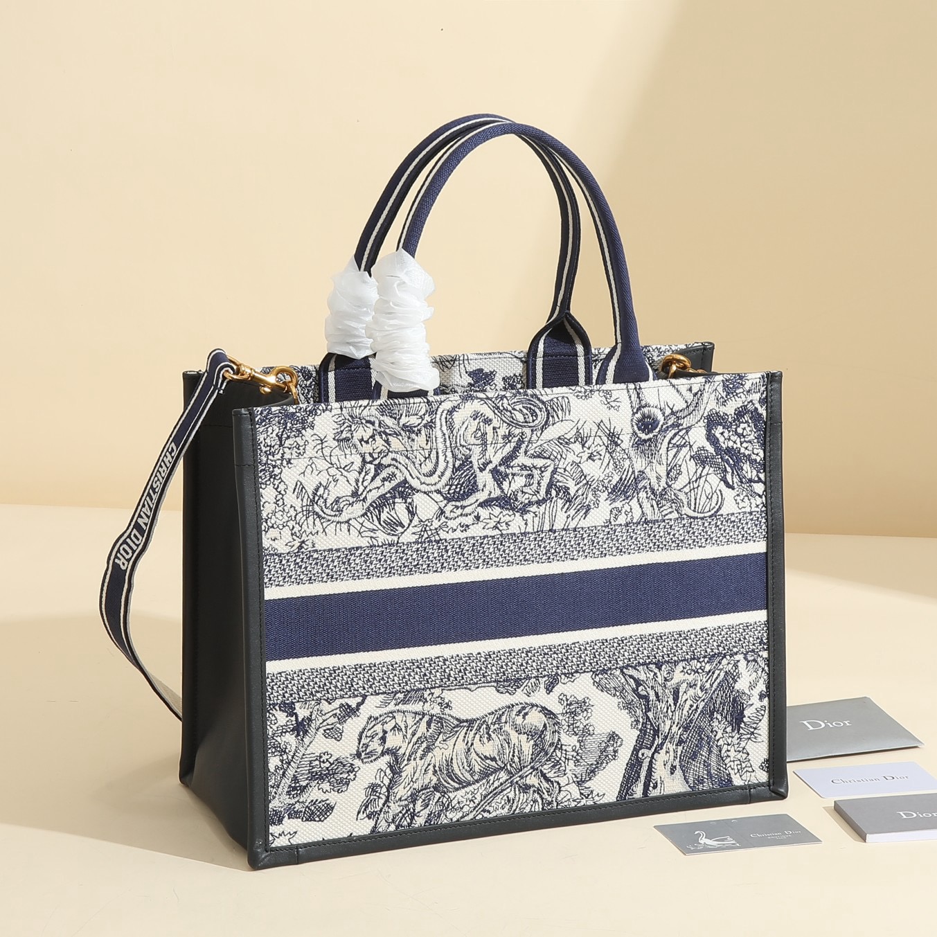 Medium Dior Book Tote White and Navy Blue Toile de Jouy Sauvage Embroidery with Navy Blue Calfskin M1324CE