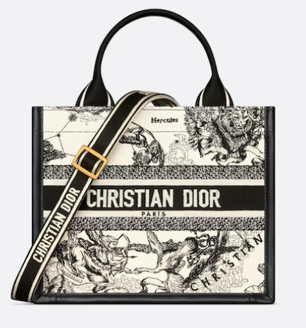 Small Dior Book Tote Latte Multicolor Dior Zodiac Embroidery and Black Calfskin M1325CET