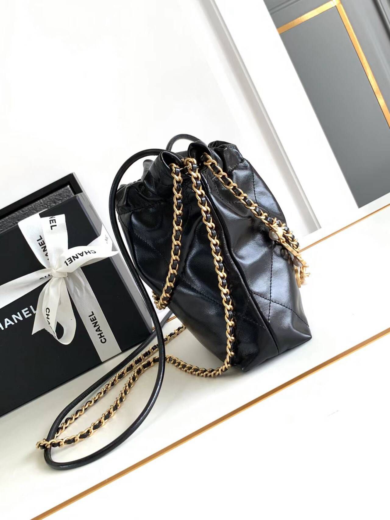 CHANEL 22 Mini Pearl Chain Handbag AS3980 Black