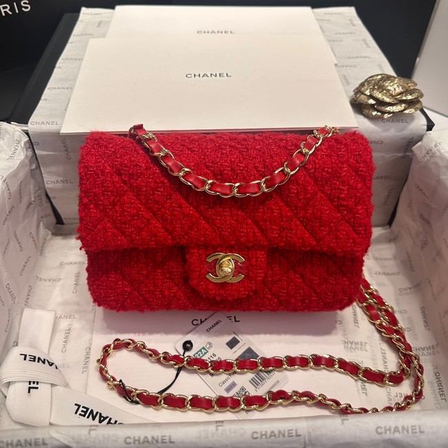 Chanel MINI CLASSIC HANDBAG Wool Tweed & Gold-Tone Metal A69900 red