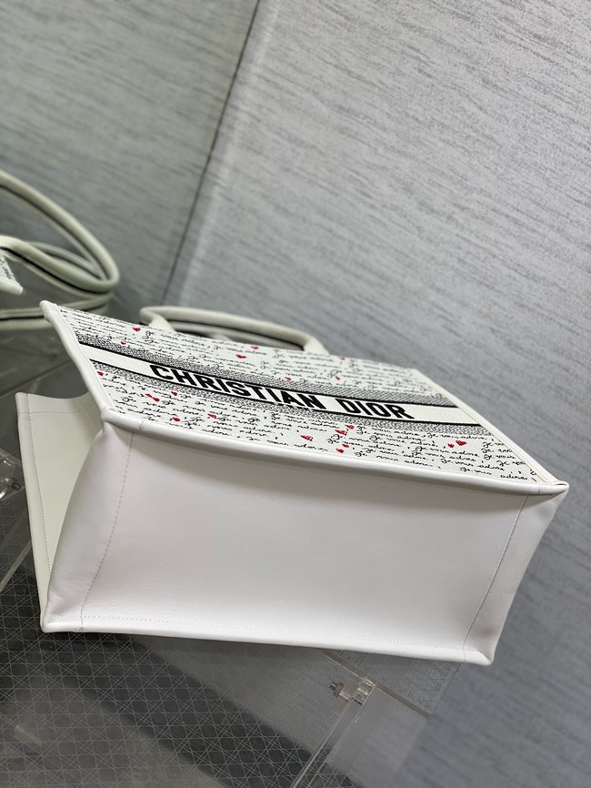 Dioramour Medium Dior Book Tote White Embroidery with Black and Red Je Vous Adore Motif and White Calfskin M1324CZBX