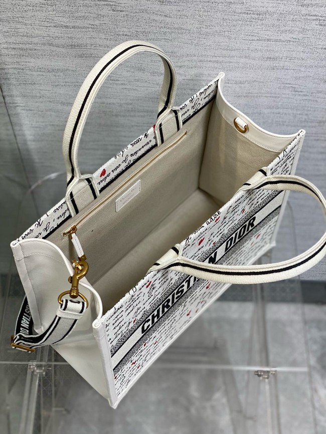 Dioramour Medium Dior Book Tote White Embroidery with Black and Red Je Vous Adore Motif and White Calfskin M1324CZBX