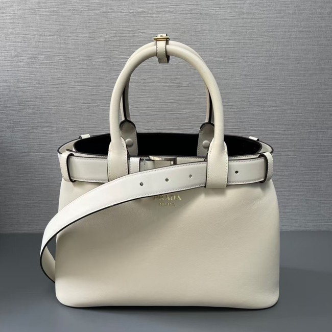 Prada Buckle medium leather handbag with belt 1BA434  White&Black