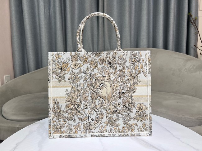 Large Dior Book Tote Latte Embroidery with Gold-Tone Millefiori Unicorn Motif M1286ZEDX