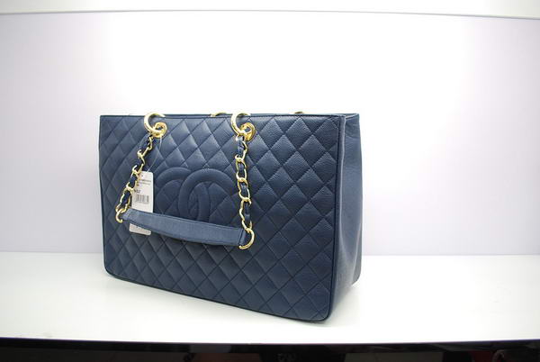 Chanel A37001 GST Dark Blue Caviar Leather Large Coco Shopper Bag Gold