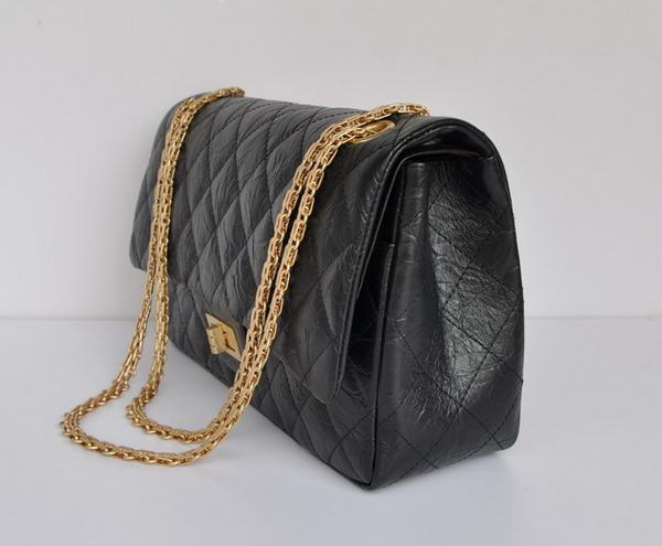 Chanel Classic Falp Bag Black Glazed Crackled Leather A28668 Black Gold