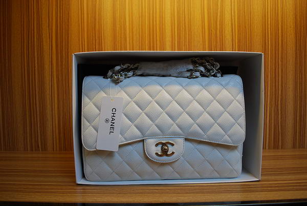 Chanel Jumbo Double Flaps Bag A36097 White Original Caviar Leather Silver