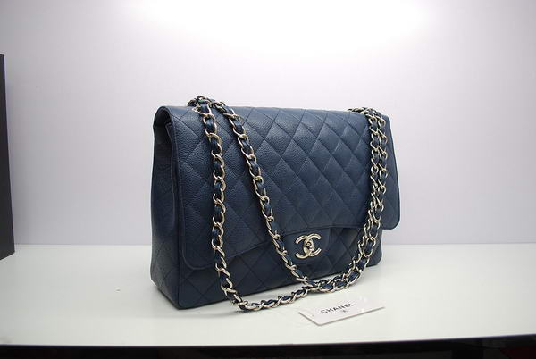 Chanel Maxi Double Flaps Bag A36098 Blue Original Caviar Leather Silver