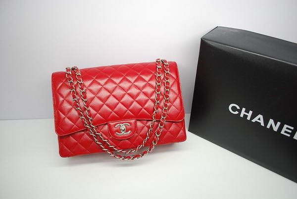 Chanel Maxi Double Flaps Bag A36098 Red Original Caviar Leather Silver