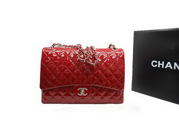 Chanel Maxi Double Flaps Bag A36098 Red Original Patent Leather Silver