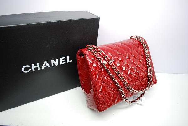 Chanel Maxi Double Flaps Bag A36098 Red Original Patent Leather Silver