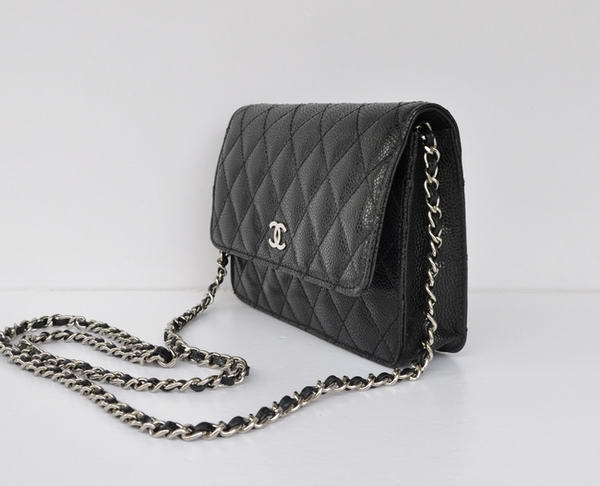 New Cheap Chanel A33814 Black Grain Leather Flap Bag Silver