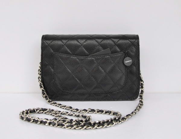 New Cheap Chanel A33814 Black Grain Leather Flap Bag Silver