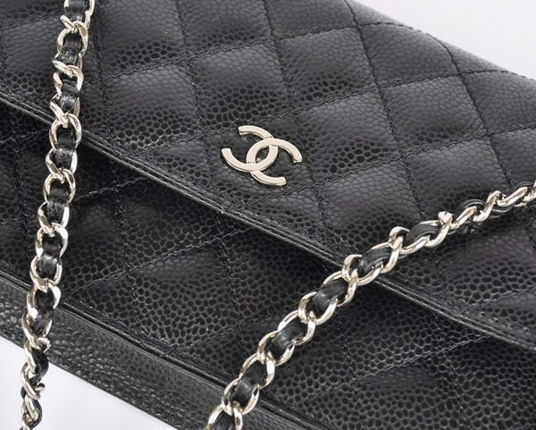 New Cheap Chanel A33814 Black Grain Leather Flap Bag Silver