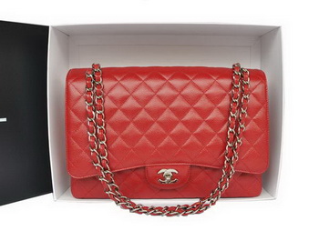 Top Quality Chanel Classic A36070 Red Original Grain Leather Large Flap Bag Silver