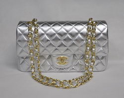 Chanel Classic Flap Bag 1112 Light Silver Leather Golden Hardware