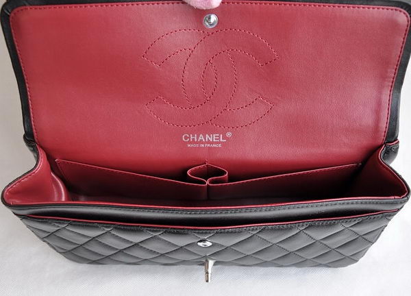 Chanel Classic 2.55 Series Black Lambskin Silver Chain Quilted Flap Bag 1113