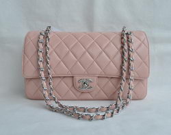 Chanel Classic 2.55 Series Pink Lambskin Silver Chain Quilted Flap Bag 1113