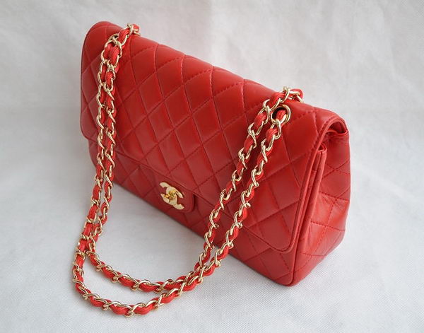 Chanel Classic 2.55 Series Red Lambskin Golden Chain Quilted Flap Bag 1113